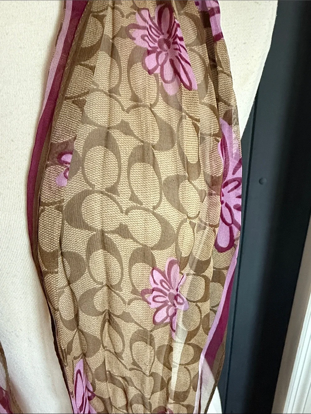 Coach Tan Monogram Scarf with Pink Floral Accents